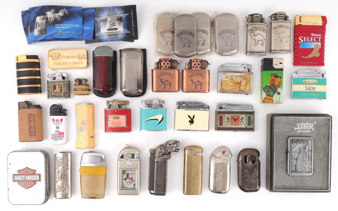VINTAGE LIGHTER CAMEL NEWPORT PLAYBOY LOT OF 35: Lot of thirty-five (35) vintage lighters and promo items. Not function tested or serviced.