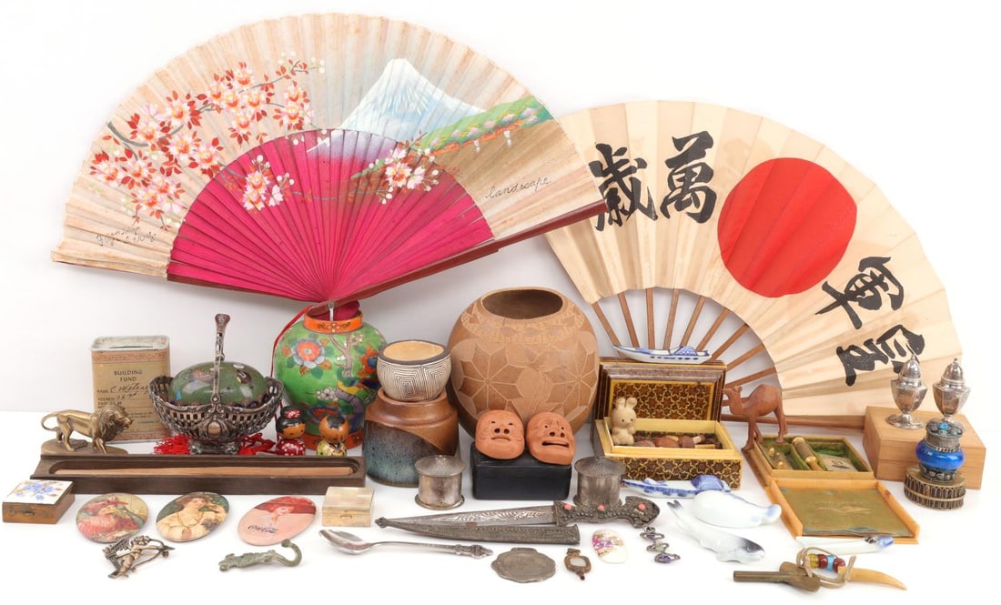 HANDMADE GERMAN & FAR EAST ANTIQUE SMALLS LOT 36: Lot of approx. thirty-six (36) various small antiques. Includes various jewelry boxes, Goldcastle painted ceramic vase, 3 Coca Cola hand mirrors, 2 sets of silver salt & pepper shakers, a German silve