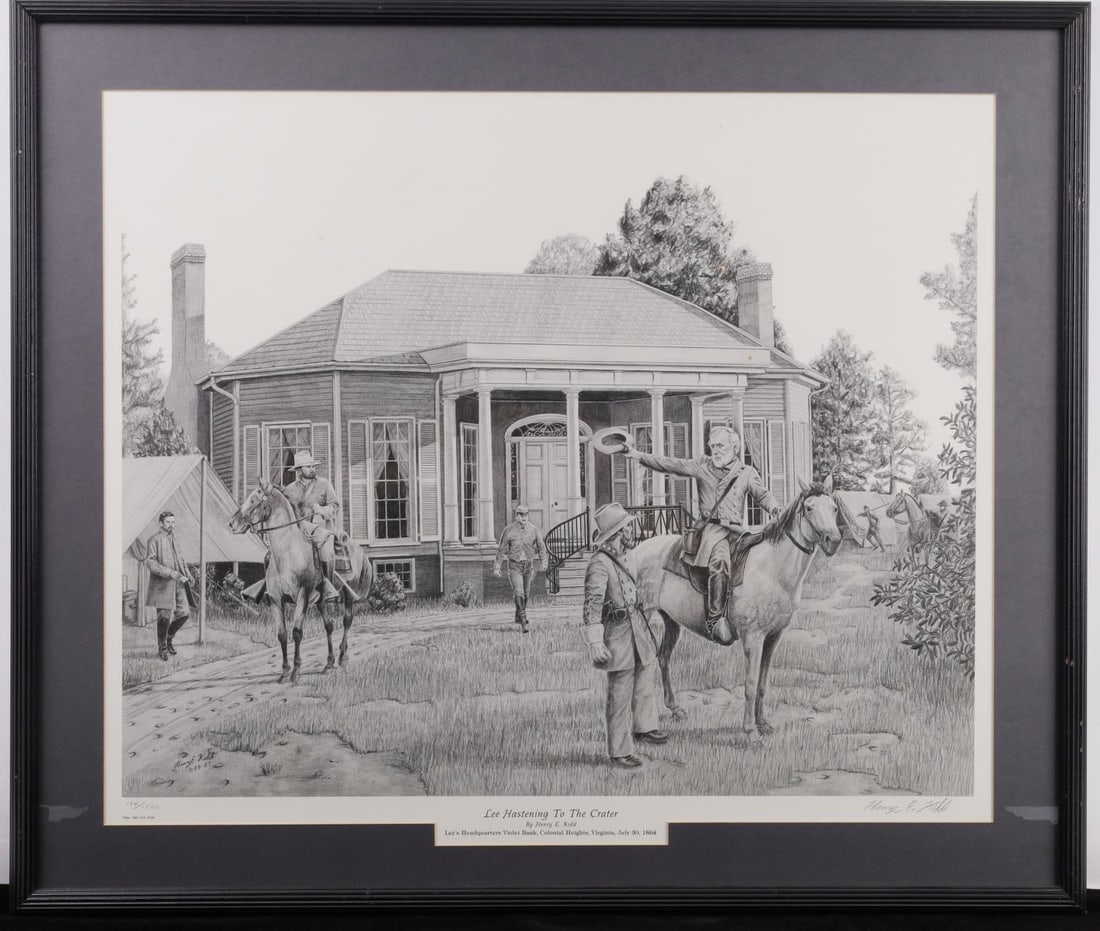 HENRY E KIDD LEE HASTENING TO THE CRATER PRINT: "Lee Hastenting to the crater" by Henry E. Kidd print framed and signed buy the artist. Depicting General Lee's on a horse at his headquarters at Violet Bank. Signed lower right corner numbered 194/15