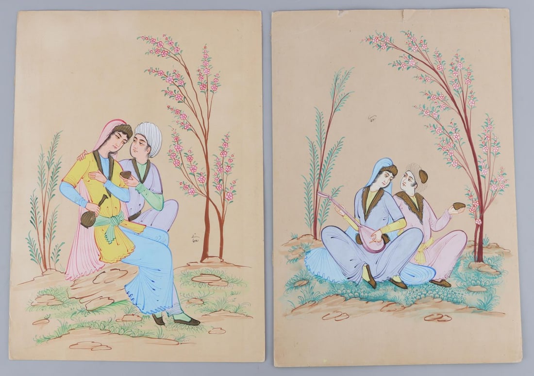 TWO PERSIAN MINIATURE PAINTINGS PAIR OF LOVERS: Lot of 2. Hand-painted on paper. 9X12.5 inches.