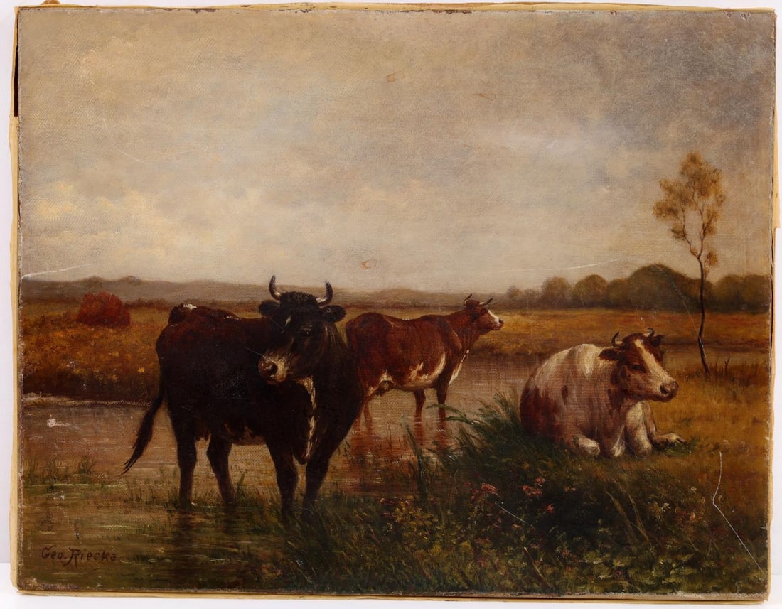 GEORGE RIECKE PASTORAL LANDSCAPE OIL ON CANVAS: Oil on canvas painted by George Riecke(American born 1848-1930) of a pastoral landscape featuring three cows wandering a pasture, signed "Geo. Riecke" in the bottom left corner. George Riecke was a pa
