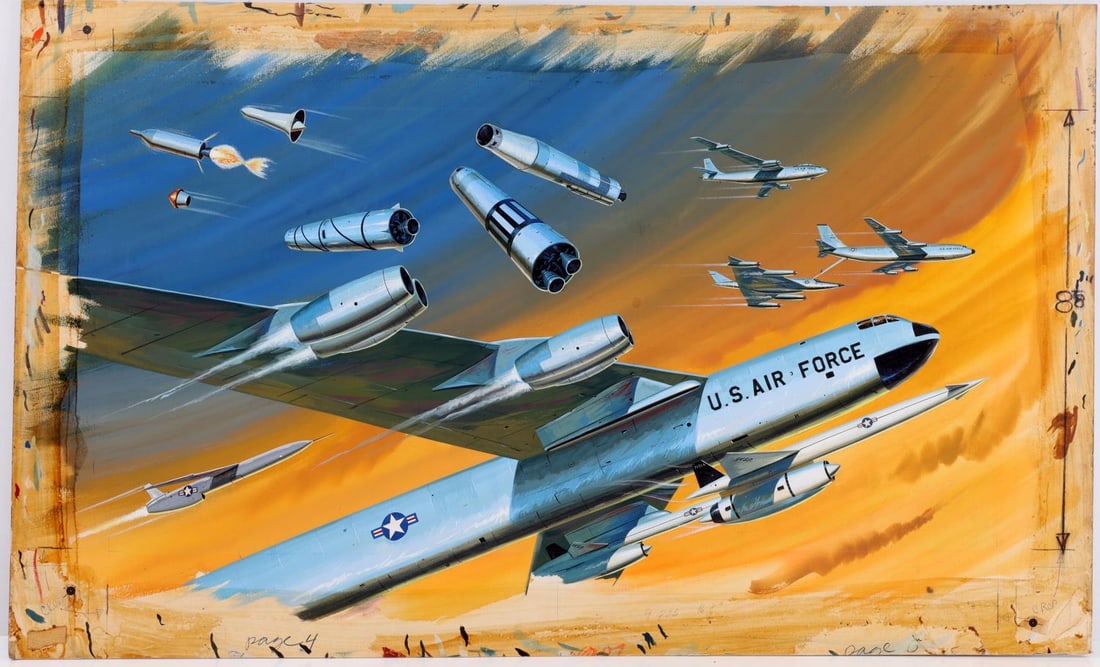 CHROME B-52 STRATOFORTRESS ORIGINAL ARTIST PROOF: Original artist's proof produced by renowned illustration agency Charles E. Cooper (CEC) in the 1960s. Artist is possibly Ken Fagg or another aircraft specialist on the CEC artist roster. Gouache on b