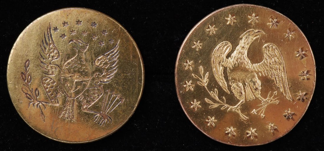 1 DIPLOMATIC SERVICE & 1 NAVY DEPARTMENT BUTTON: From the lifetime collection of Dr. Lou Hill, Tallahassee, Fl. Late 1700's or early 1900's, Includes Albert's OD 8, U.S. Official 25mm, 17 stars encircling eagle, and Albert's OD 25 Navy Department? 2