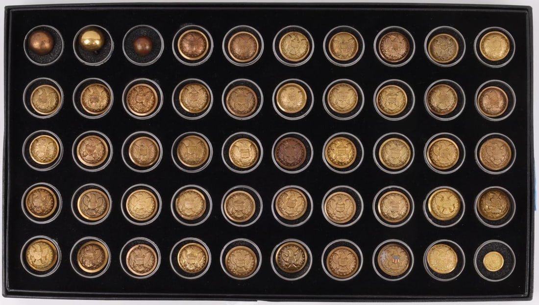 50 UNION GENERAL STAFF BUTTON LOT: Lot of fifty (50). All non-dug, extremely fine condition, all Albert's GS, all except two (2) have arrows in right talon, one (1) cuff and three (3) spherical. All two-piece. This lot has a reserve.