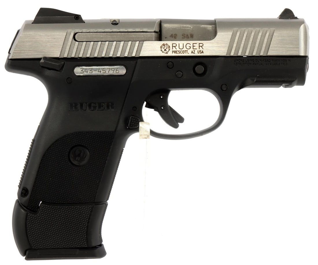 RUGER SR40C STAINLESS 40S&W SEMI AUTOMATIC PISTOL: Ruger, SR40c, .40 Smith & Wesson, stainless steel semi automatic pistol with three (3) magazines. Pistol features a 4-inch barrel, fixed white front and rear sights, and extendable grip attachment for