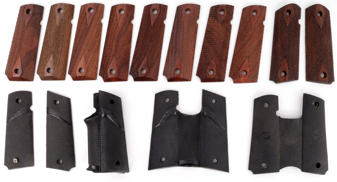 9 CHECKERED RUBBER & WOODEN 1911 PISTOL GRIPS LOT: Lot of nine (9) checkered wooden and rubber 1911 pistol grips. Rubber grips include three Pachmayr Signature Model grips(wrap around) and one Supreme grip. Lot also features five checkered wooden 1911
