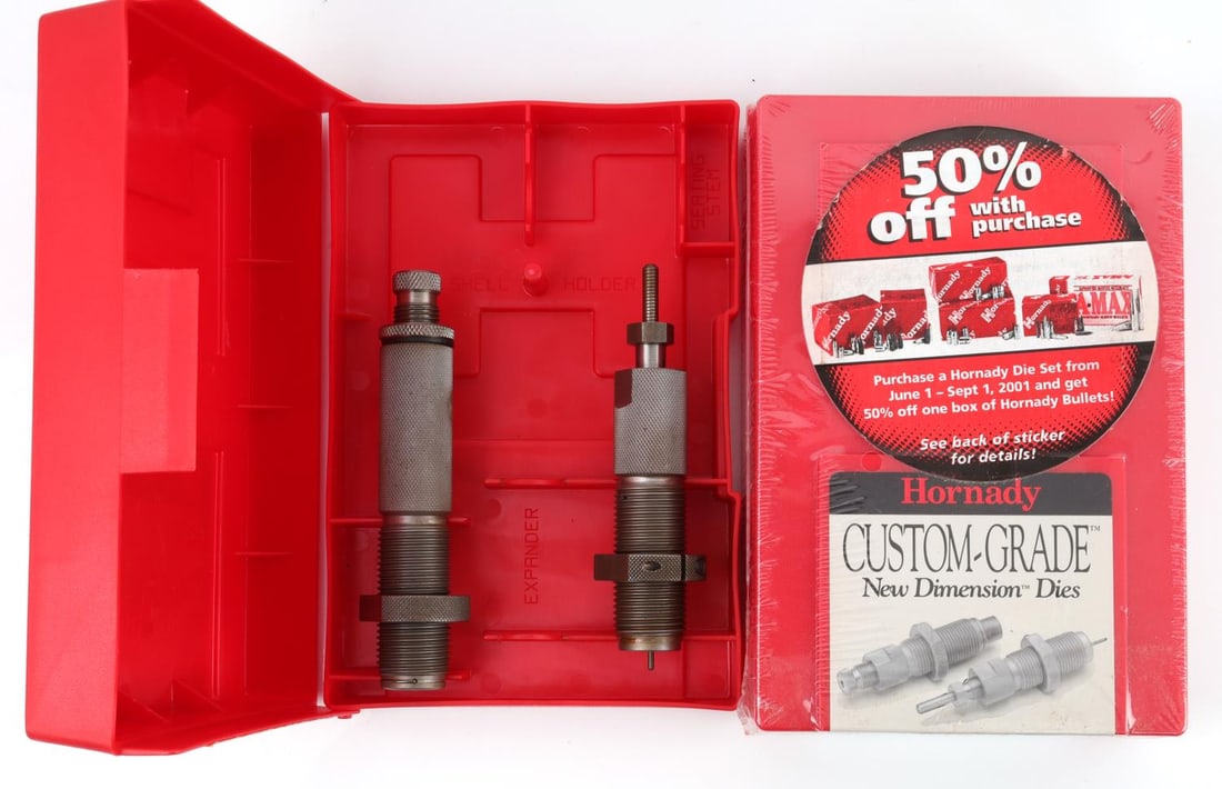 TWO HORNADY DIE SETS 25-35 WIN & 8MM MAUSER: Includes sealed/unopened 25-35 Winchester 2 die set, and a 8mm Mauser 2 die set. Both from Hornady, both in good condition.