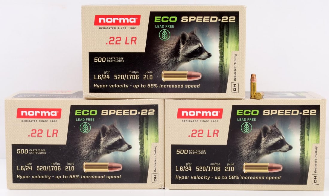 1500 ROUNDS OF NORMA SPEED .22LR 24 GR AMMUNITION: Comes in three boxes of five-hundred rounds each of Norma Eco Speed, .22 LR, 24 grain, 1706 fps, lead free ammunition. No international shipping. This lot has a reserve.
