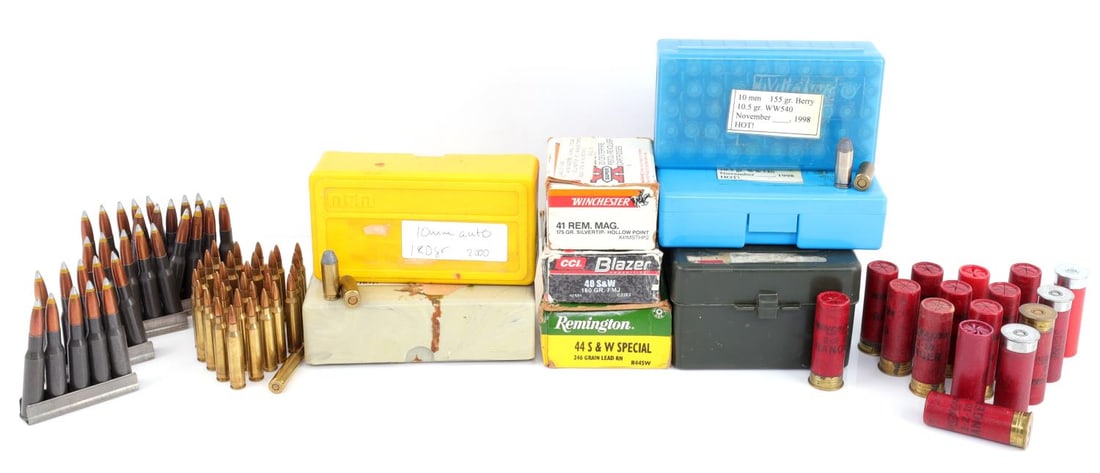 OVER 380 RDS MIXED CENTERFIRE AMMO 10MM 12GA: 40 rounds Federal & Winchester mixed 12g shotgun shells. 29 rounds 7.62X54r on stripper clips. 233 rounds 10mm auto. 12 rounds Winchester .41 Mag Silvertip HP. 40 rounds 44 S&W Special. 31 rounds .223