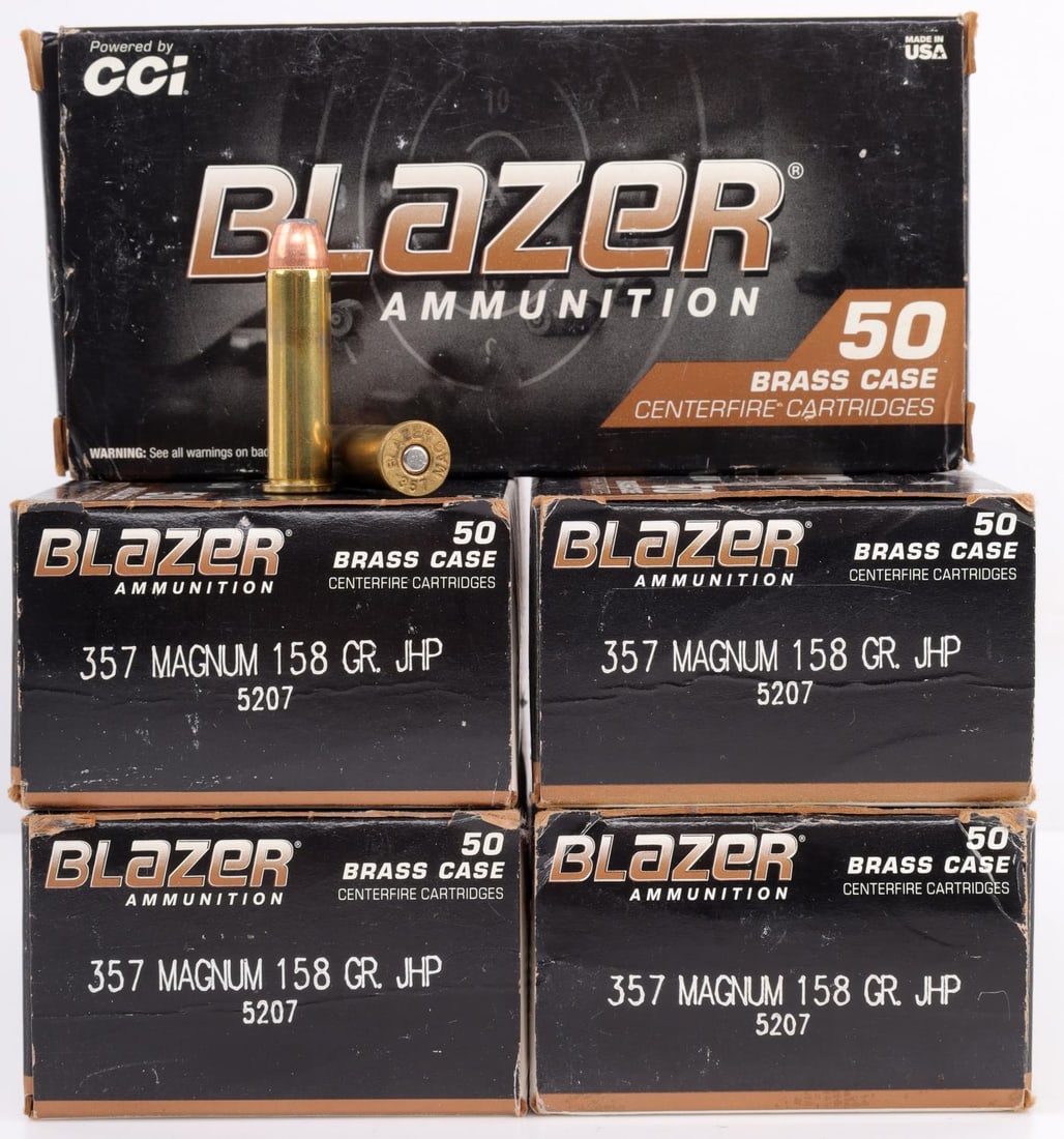 250 ROUNDS OF BLAZER .357 MAG 158 GR AMMUNITION: Comes in five (5) boxes of fifty rounds each of Blazer, .357 MAGNUM, 158 grain, jacketed hollow point ammunition. No international shipping.