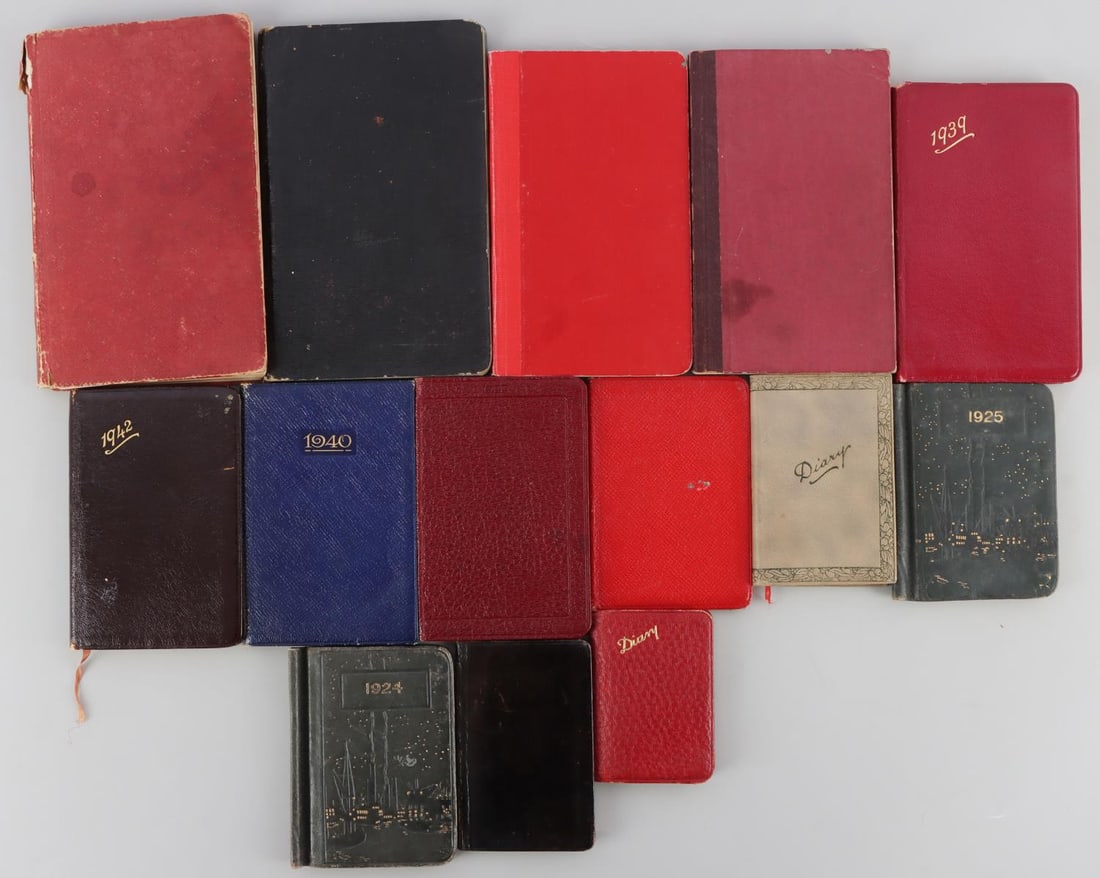 14 PRE-WAR & WWII BRITISH CIVILIAN DIARIES JOURNAL: Lot of fourteen (14) Pre-War and during WWII British journals and diaries from civilians. Journals and diaries date back from 1925 to 1960. Diaries mentions the Winston Churchill becoming Prime Minist