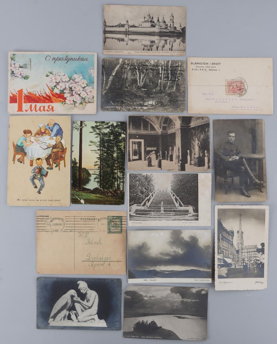WWI WWII SOVIET POSTCARDS RUSSIA & POLAND LOT 14: Lot of 14. Russian and Polish correspondence on postcards. Dates range from 1917 to 1962.