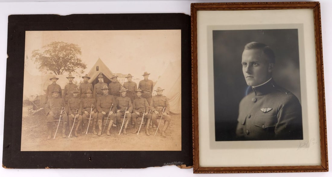 PHOTOGRAPH WWI PILOT SPANISH AMERICAN WAR TROOPERS: The Aviator is signed lower right, and dated 1918 framed 14 X 10.5 inches (image is 9 X 7). Also, unframed Photo of Spanam troopers, officers and NCO's image 14 X 10 inches, each very good original co