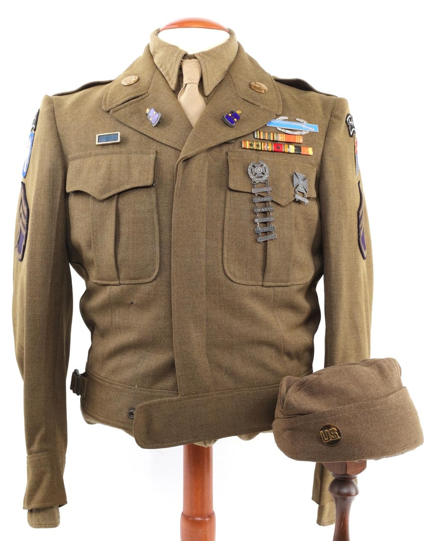 WWII U.S. ARMY IKE JACKET & SHIRT STERLING CIB: Staff Sgt. named to L. Phender, has Sterling CIB, 6 marksman specialties, plus grenade, 39th Infantry DUI's, Occupation Badge and patch, jacket size 36 , shirt 14 1/2, with overseas cap. Good, origina