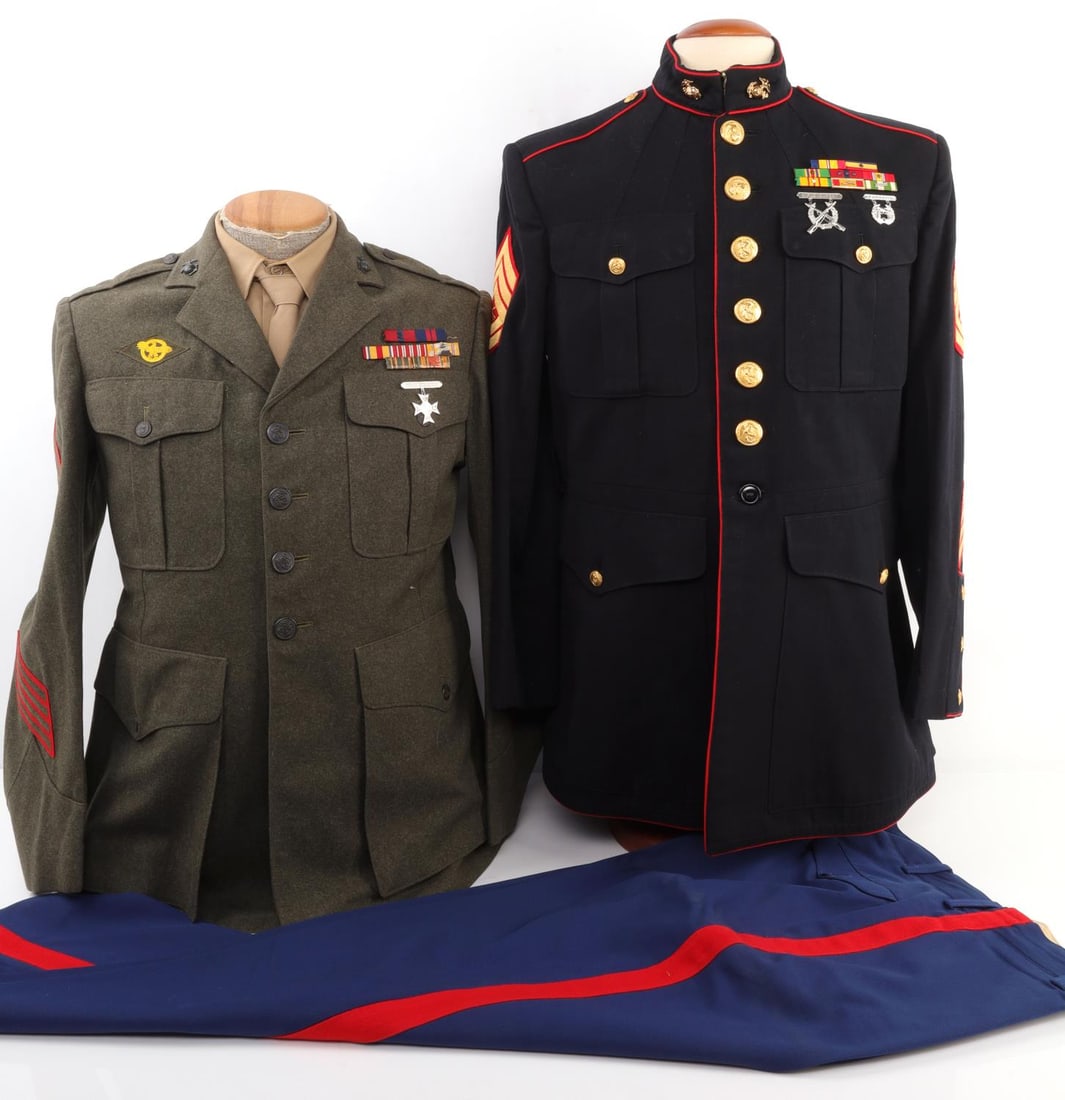 WWII & VIETNAM USMC MARINE UNIFORMS W RIBBONS EGA: WWII Tech Master Sgt. with 3 island EGA, early ribbons size 40 tunic 15 shirt with tie no trousers. The second Vietnam Tunic size 42, Trousers 36 x 33, ribbons and badges included a silver star device