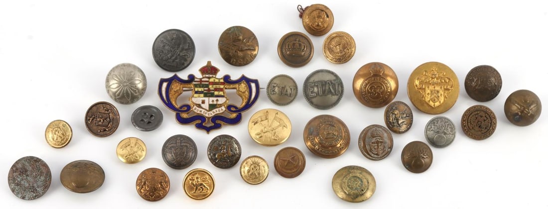 19TH 20TH CENTURY EUROPEAN MILITARY BUTTON LOT 33: Lot of 33 antique buttons and "Dominion of Canada" enamel pin (2.25 inches across). Military buttons date to 19th and 20th centuries. French, Canadian, British, German, Turkish and more. Several fine 