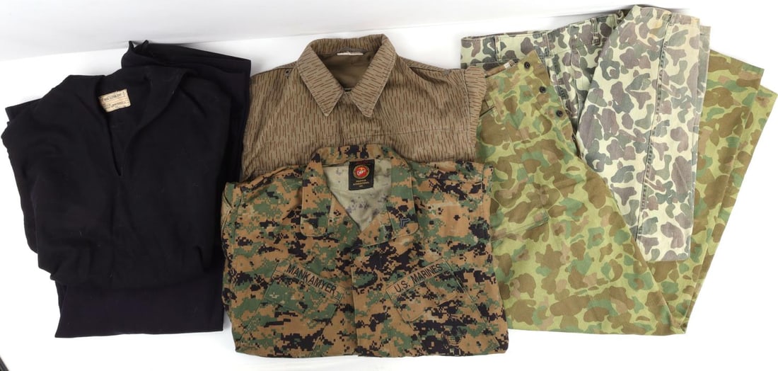 LOT OF 5 MILITARY WWII & POST WAR UNIFORMS: 1 Pair of WWII USMC P19452 HBT camo pants. 1 East German Strichtarn Camo Summer Jacket Uniform DDR NVA Shirt, size G48. 1 USMC Issue MARPAT Woodland Digital Camo Shirt, size Medium. 1 Vietnam War Era