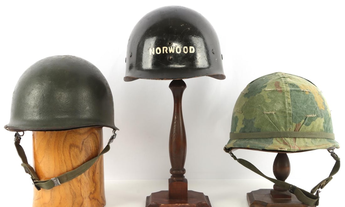 POST WAR ARMY M1 HELMETS & LINERS FIRESTONE: Includes a rear seam, swivel bale helmet with no heat stamp, Firestone liner with leather sweatband. Includes another rear seam helmet with Westinghouse liner and camo cover. Lastly a 5th Army liner w