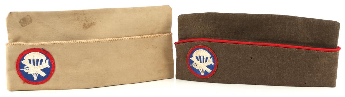 2 WWII US ARMY AIRFORCE EM AIRBORNE OVERSEAS CAP: Lot of two (2) WWII United States Army Airforce enlisted men Airborne Infantry overseas side caps. Both side caps feature an Enlisted Men Combined Paratrooper gliders patch. Both interiors feature a l