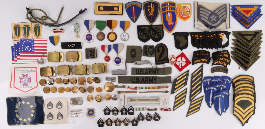 LOT OF US ARMY AIRBORNE AIR FORCE PATCHES BUCKLES: Large lot of U. S. Army Air Borne and Air Force patches, belt buckles, ribbons and bars and stickers.