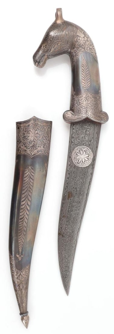 INDO PERSIAN KHANJAR DAMASCENE DAGGER & SCABBARD: Damascus dagger with Horse head design on pommel measuring about 13 inches long in total. Blade measures 8 inches long. Fits nicely into scabbard. Good overall condition.