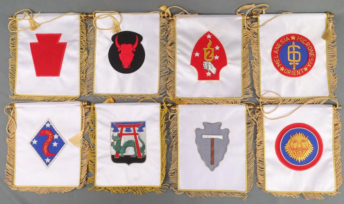 US MILITARY TABLE BANNER LOT OF 8 AIRBORNE: Lot of 8 US military table banners. Banner size including fringe 9 X 9 1/5 inches. 1 each: US Army combat service, WWII US Army Air Force, 2nd Marine division, 6th Marine division, USMC 2nd division G