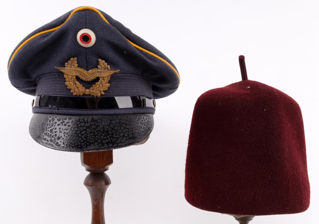 WWII WAFFEN SS FEZ & LUFTWAFFE OFFICER VISOR LOT: WWII German Waffen SS fez. Worn by enlisted personnel of the 13th Waffen Mountain Division of the SS Handschar as headgear with the dress uniform. German Army Blue Air Force Luftwaffe Visor Peaked Cap