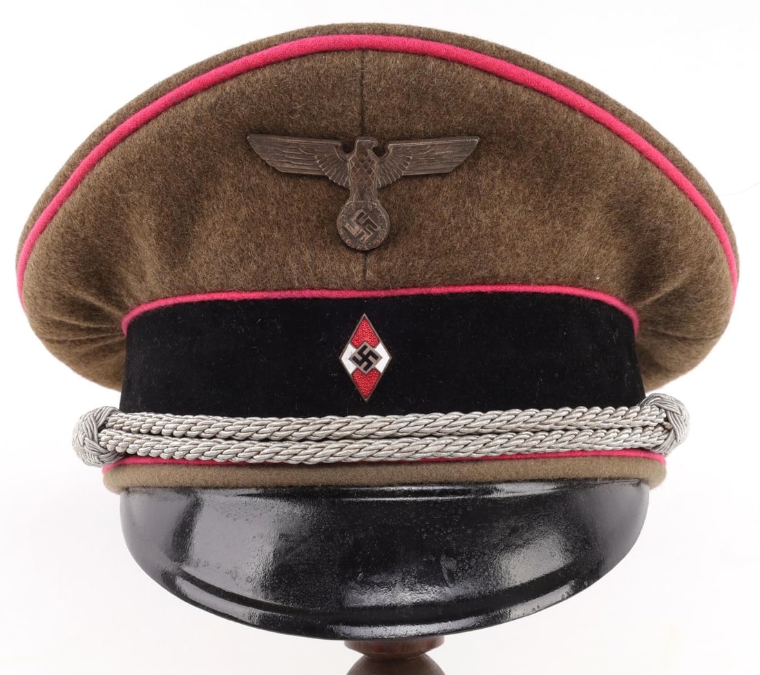 WWII GERMAN THIRD REICH HITLER YOUTH VISOR: WWII German Hitler Youth visor with Panzer piping. Brown/green wool construction size stamped 57. In very good condition. Unauthenticated and sold as is.