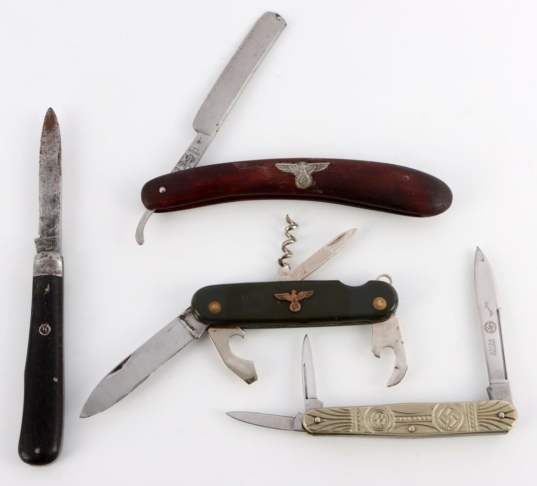 3 WWII GERMAN POCKET KNIFE & 1 STRAIGHT RAZOR LOT: Lot of FOUR (4) includes: two (2) SS pocket knives, one (1) Army pocket knife, and one (1) Army officer's straight shaving razor. All in good overall condition with age appropriate wear. Parts may nee