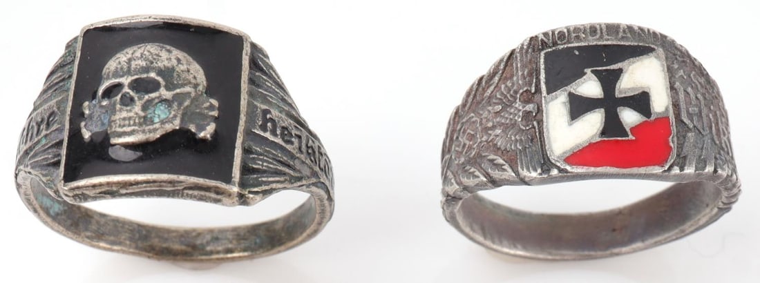WWII GERMAN RING LOT OF 2 NORDLAND AND WAFFEN SS: Sizes 12 and 11. Silver plated and zinc.