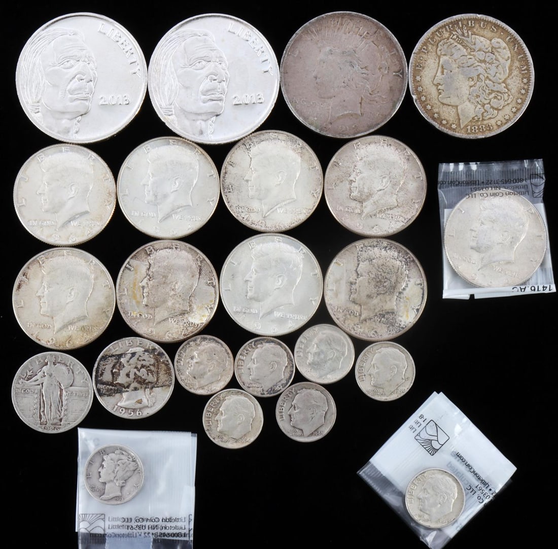 MORGAN PEACE 90% $5.75 FACE U.S. COIN SILVER ROUND: Includes from circulation 1923 Peace and 1888 O Morgan silver dollar $5.75 Face value 90% silver U.S. coinage and 2 Buffalo rounds.