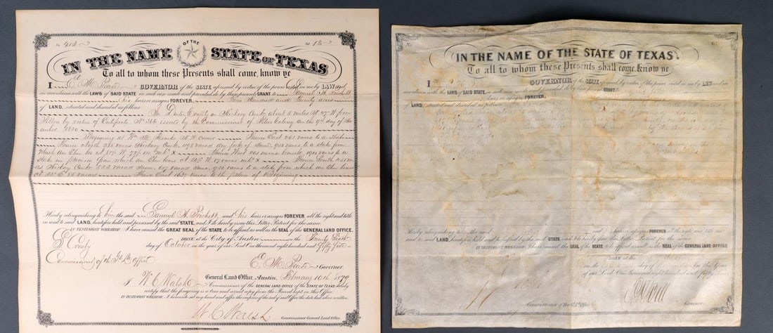 LOT 2 TEXAS LAND GRANT PEASE & BELL SIGNED: Bell as Governor incumbent 1853 Red River land grant 1853 hand signed City of Austin, heavily water stained, the second the subsequent Governor Pease signed land document 1879, in very good original c