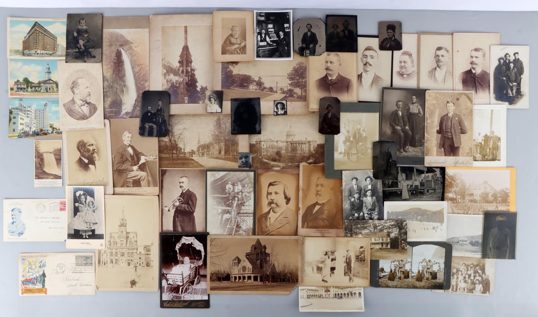 OVER 50 ANTIQUE PHOTOGRAPHS TINTYPE CABINET POSTAL: Good variety of antique photos, 9 are tintypes, Lindbergh and UCV first day covers, some celebrities, some politicians, nice grouping.