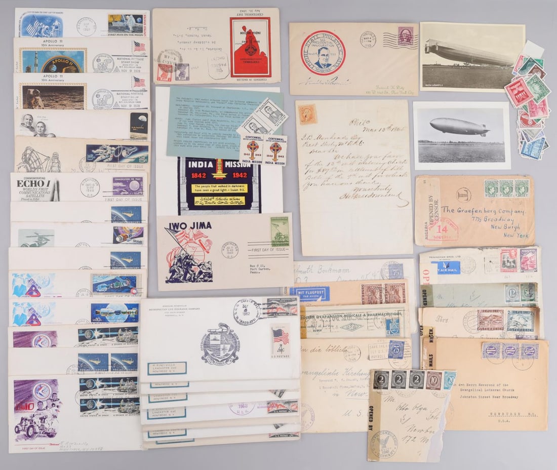 PHILATELIST LOT FDC NAZI CIVIL WAR WWII BLIMP FDR: Lot includes 1865 civil war letter with doc stamp, 7 Operation Deep Freeze First Day covers 1962, FDR inaugural FDC 1933, 47 Third Reich mint stamps, Blimp photo and post card, (Hindenburg), First Day