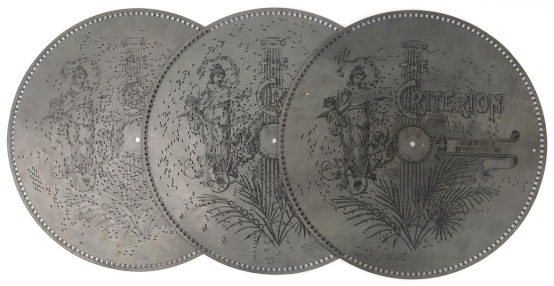 3 CRITERION MUSIC BOX 15-3/4IN DISC 4279 4110 4548: Three (3) Criterion music box discs measuring 15-3/4 (15.75) inches. Disc 4279 On the Banks of the Wabash Far Away. Disc 4110 Prophet. Coronation March. Disc 4548 Whistling Rufus. Two-step. Mills. Sol