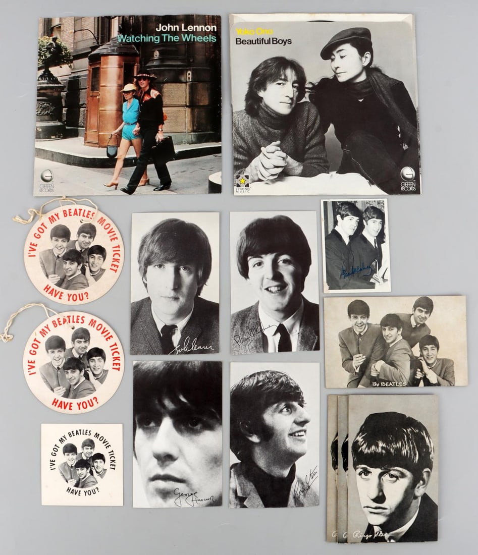 1960'S BEATLES MEMORABILIA PICTURES & BUTTONS: As photographed, memorabilia.