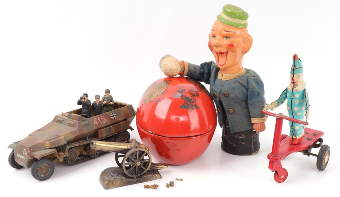 ANTIQUE TOY PAPER MACHE EGG GERMAN HALF TRACK LOT: As photographed, wind up does not work, cannon is decorative, half track is Tamiya, egg has paint loss.