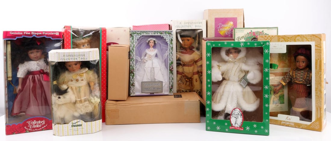 NIB BISQUE PORCELAIN UNIQUE DOLL COLLECTION LOT 14: Lot of 14 collectible dolls in excellent condition, boxed in original packaging. Includes Avon Special Memories Angel Doll "Shana (African American)," Avon Special Memories Holiday Doll "Cassandra (Af