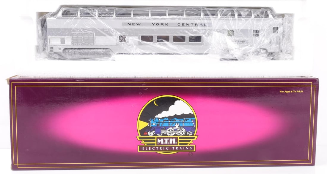 MTH O-GAUGE VISTA DOME PASSENGER CAR TRAIN NIB: Brand new in box. Operates on O-42 curves. Durable ABS intricately detailed body with colorful & attractive paint scheme. Each car measures approx. 19 X 2.5 X 4 inches.