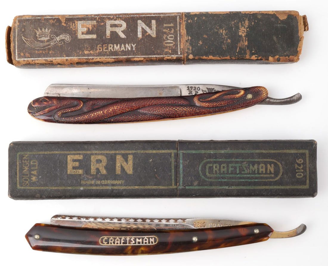 EARLY CRAFTSMAN ERN ORNATE STRAIGHT RAZOR LOT OF 2: Lot of two (2) antique straight razors with original packaging. First is Craftsman brand, stamped "9210 Craftsman, ERN Wald-Solingen Made in Germany." Good condition. Blade has some oxidation, and the