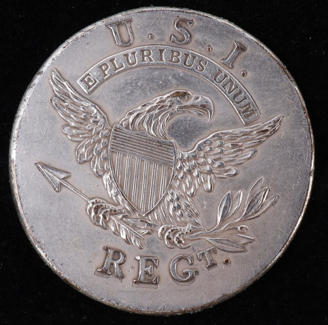 1812 U.S. INFANTRY OFFICER 1ST REGIMENT BUTTON: Sheffield silver plate, 1 piece extremely fine example, blank back, 25 mm Albert's GI 53 R1a3 This lot has a reserve.