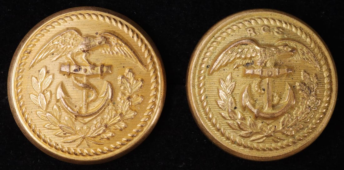 2 REVENUE CUTTER SERVICE R.C.S. BUTTON LOT: Shannon Miller & Grane N.Y. maker on 25 MM button with R.C.S. over eagle, FD 13 B, the second 25mm omits R.C.S FD 13A, Scovill maker. Both full gilt near mint.