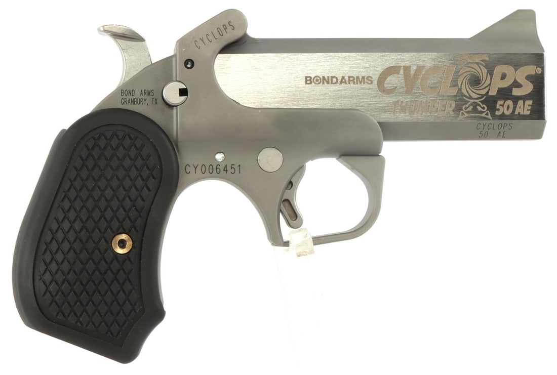 BOND ARMS CYCLOPS THUMPER 50AE SINGLE DERINGER: Brand new in box with 4 1/4 inch barrel and rubber grips. FFL required for transfer. No international shipping. Know your state's firearm laws prior to bidding. Caliber: .50AE Serial #: CY006451 This 