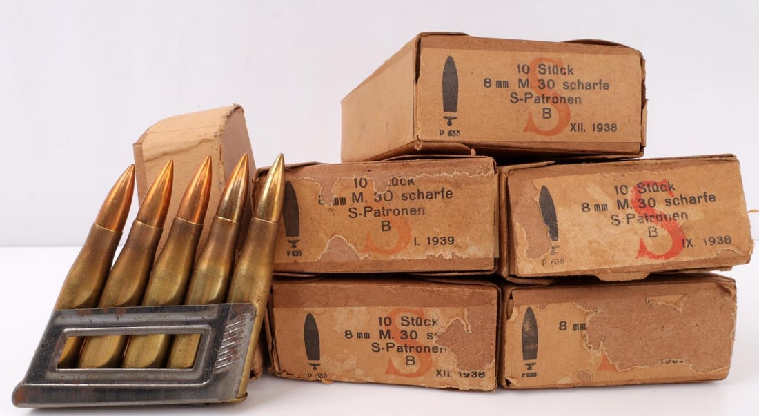WWII THIRD REICH 8MM MAUSER 60RDS BOXED WITH CLIP: Lot of 6 boxes. Total of 60 rounds. In each box are 2 clips of 5 rounds each. 8mm Mauser ammunition, Third Reich manufacture. Clips and cases have waffenampt stamp. Great condition overall. Cardboard 