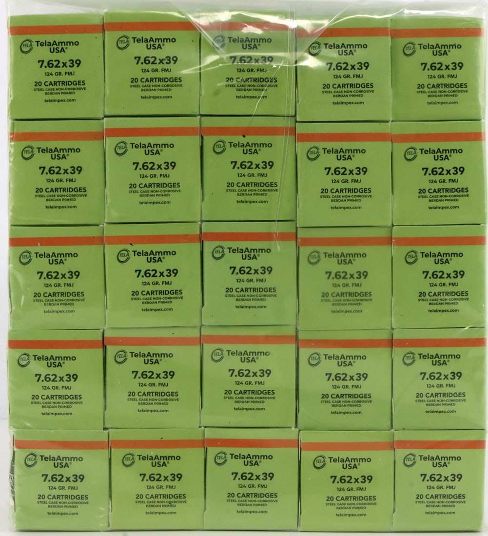 500 ROUNDS OF TELAAMMO 7.62X39MM 124 GR AMMUNITION: Five-hundred rounds of TelaAmmo USA, 7.62x39mm, 124 grain, full metal jacket ammunition. No international shipping. This lot has a reserve.