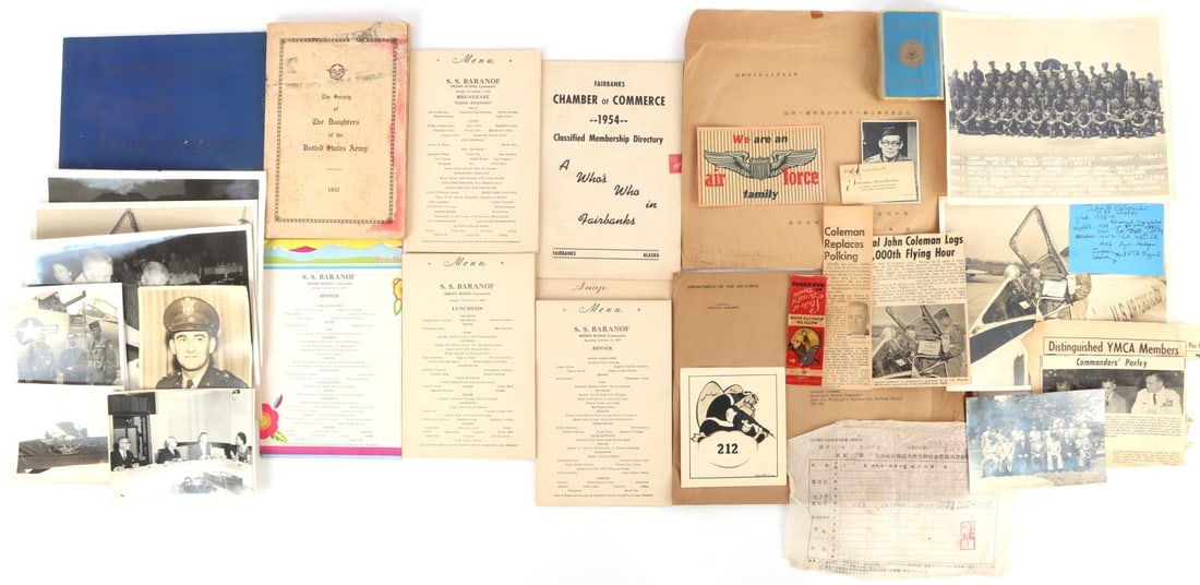 WWII AIR FORCE COLONEL 5000 HOURS NAMED COLLECTION: Lot of approx. forty (40) pieces related to US Air Force Colonel John B Coleman. Coleman was a 1938 graduate of the US Military Academy and earned pilot's wings in 1939 at Randolph Field. He logged 5,