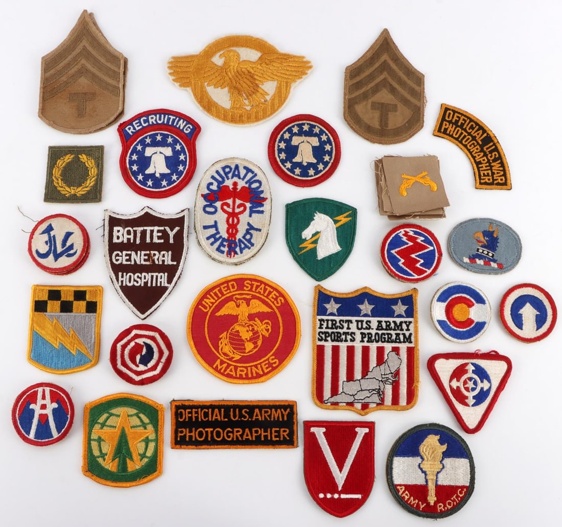WWII US MILITARY UNIFORM PATCH LOT OF 43: Lot of forty-three (43) WWII US military shoulder patches in good condition. Includes Official US Army Photographer, Official US War Photographer, 1st Special Operations Command, Battey General Hospit