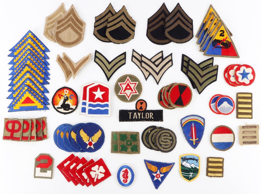 WWII US ARMY AIR INFANTRY UNIFORM PATCH LOT OF 70: Lot of approx. 70 WWII US Army patches in good condition. Includes ADC Alaska Defense Command, 7th Infantry Division, Far East Command, 12th Air Force, 2nd Armored Division, Amphibious Forces, Ground 