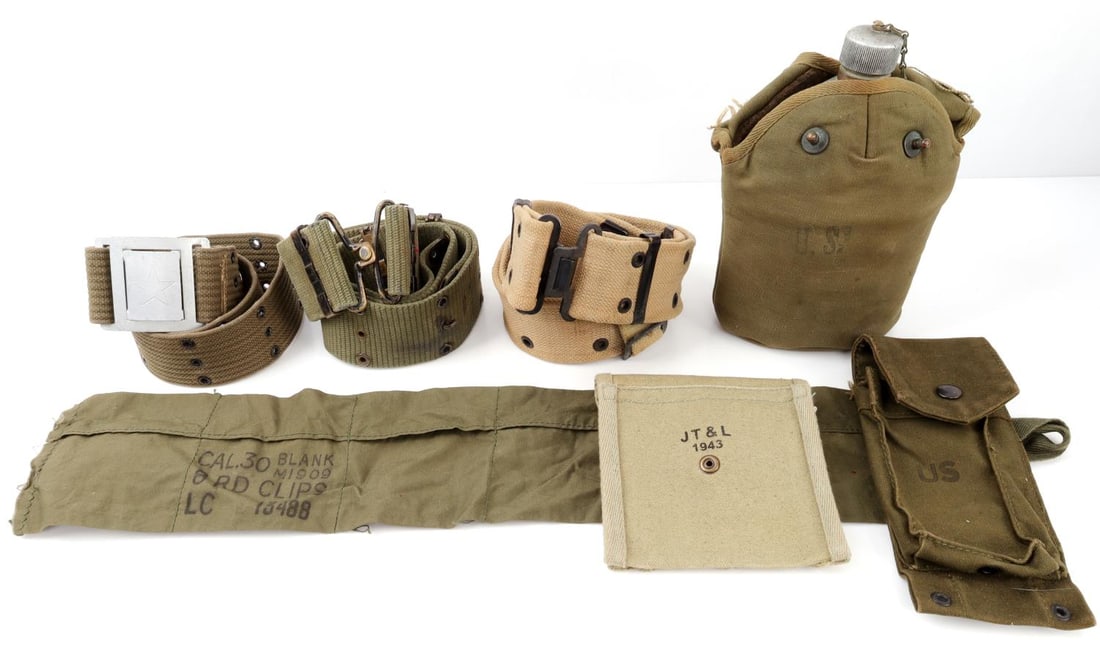 WWII TO VIETNAM WEB GEAR CANTEEN AMMO BELT LOT: There is a Soviet web belt in this lot, as photographed.