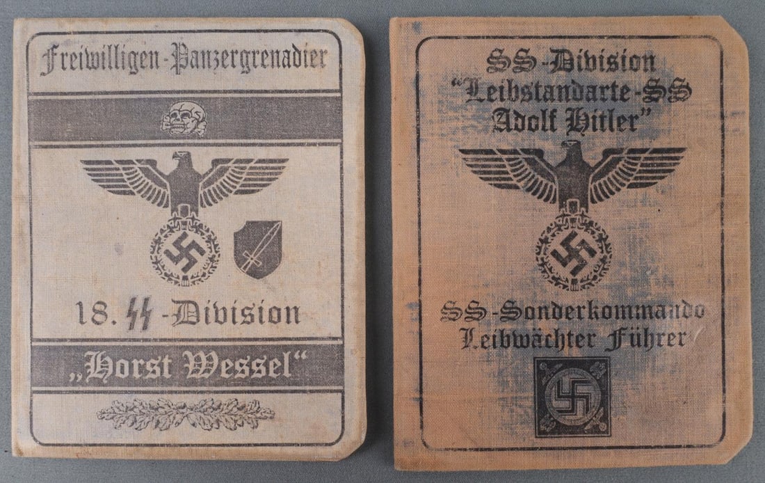 WWII GERMAN THIRD REICH SS AUSWEISES ID LOT OF 2: Lot of 2 German WWII ID books. German Waffen SS Panzergrenadier division "Horst Wessel". SS-Division "Leibstandarte-SS Adolf Hitler, Auaust Neubert ID. Both have pictures and are stamped. Overall in v